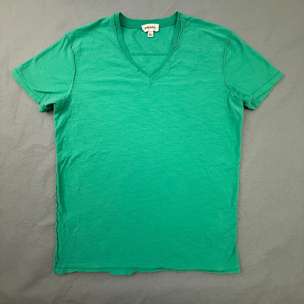 Diesel T-Shirt Mens Large Green Distressed Slub Cotton Short Sleeve Pocket Y2K
